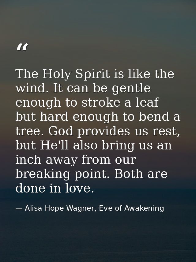 The Holy Spirit is like the wind. It can be gentle enough to stroke a leaf but hard enough to bend a tree. God provides  — Alisa Hope Wagner, Eve of Awakening