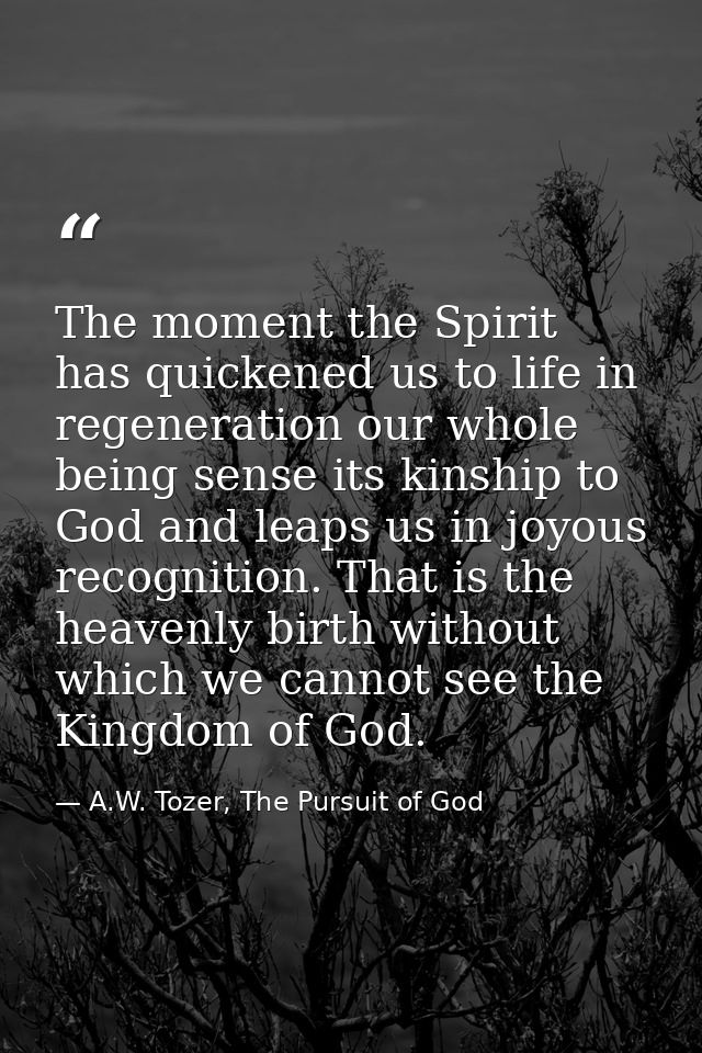 The moment the Spirit has quickened us to life in regeneration our whole being sense its kinship to God and leaps us in  — A.W. Tozer, The Pursuit of God