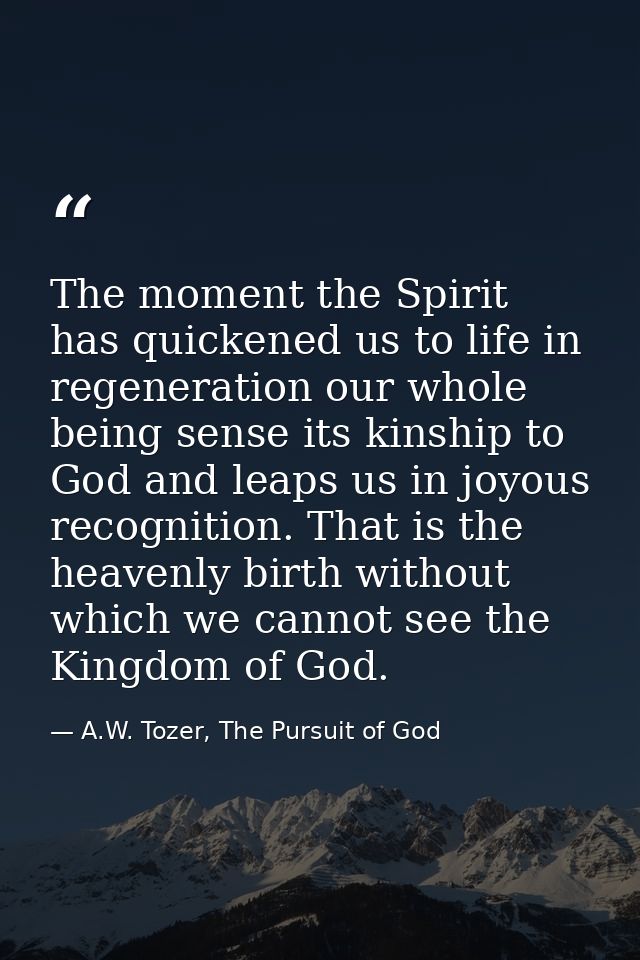The moment the Spirit has quickened us to life in regeneration our whole being sense its kinship to God and leaps us in  — A.W. Tozer, The Pursuit of God