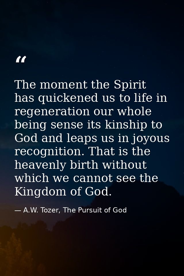 The moment the Spirit has quickened us to life in regeneration our whole being sense its kinship to God and leaps us in  — A.W. Tozer, The Pursuit of God