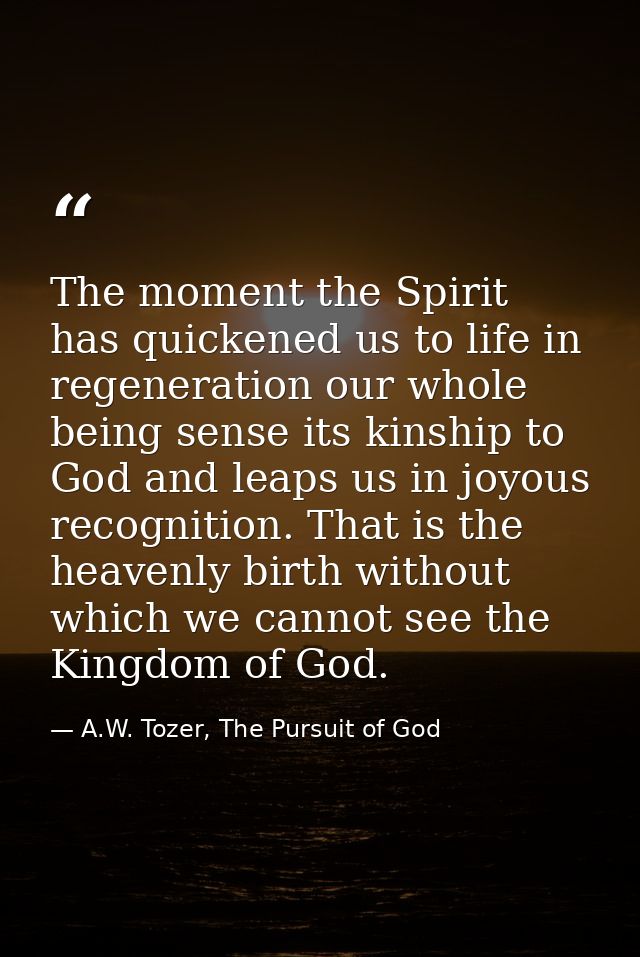 The moment the Spirit has quickened us to life in regeneration our whole being sense its kinship to God and leaps us in  — A.W. Tozer, The Pursuit of God