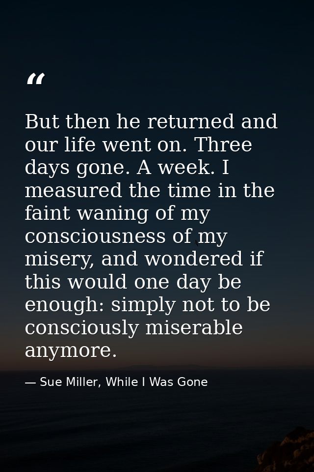But then he returned and our life went on. Three days gone. A week. I measured the time in the faint waning of my consci — Sue Miller, While I Was Gone