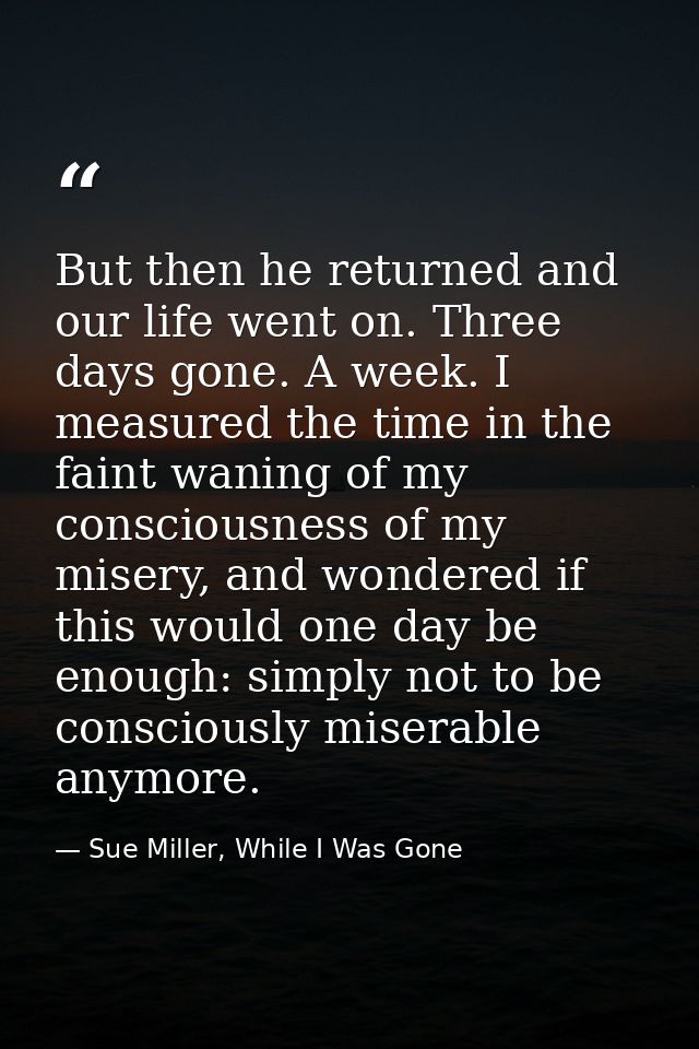 But then he returned and our life went on. Three days gone. A week. I measured the time in the faint waning of my consci — Sue Miller, While I Was Gone