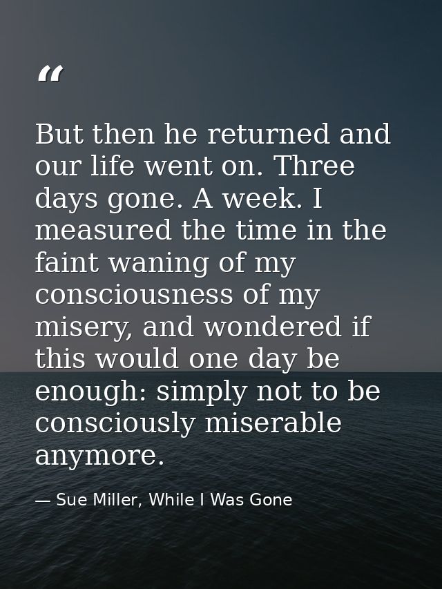 But then he returned and our life went on. Three days gone. A week. I measured the time in the faint waning of my consci — Sue Miller, While I Was Gone