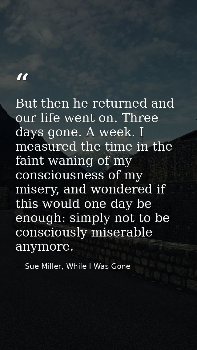 But then he returned and our life went on. Three days gone. A week. I measured the time in the faint waning of my consci — Sue Miller, While I Was Gone