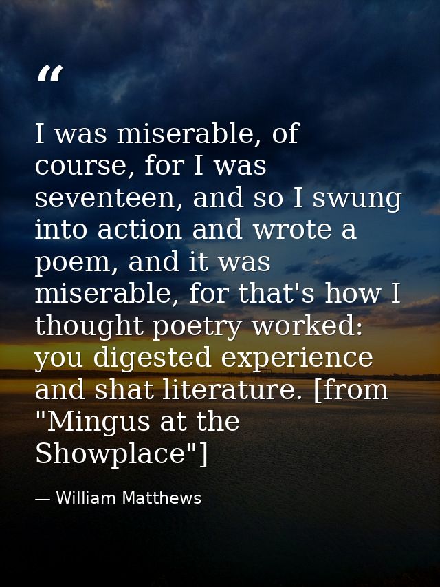 I was miserable, of course, for I was seventeen, and so I swung into action and wrote a poem, and it was miserable, for  — William Matthews