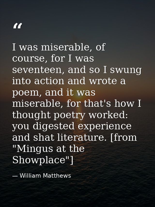 I was miserable, of course, for I was seventeen, and so I swung into action and wrote a poem, and it was miserable, for  — William Matthews