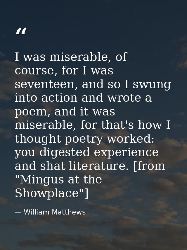 I was miserable, of course, for I was seventeen, and so I swung into action and wrote a poem, and it was miserable, for  — William Matthews