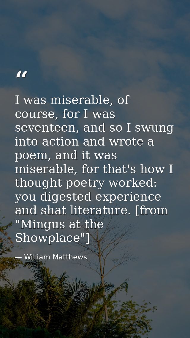 I was miserable, of course, for I was seventeen, and so I swung into action and wrote a poem, and it was miserable, for  — William Matthews