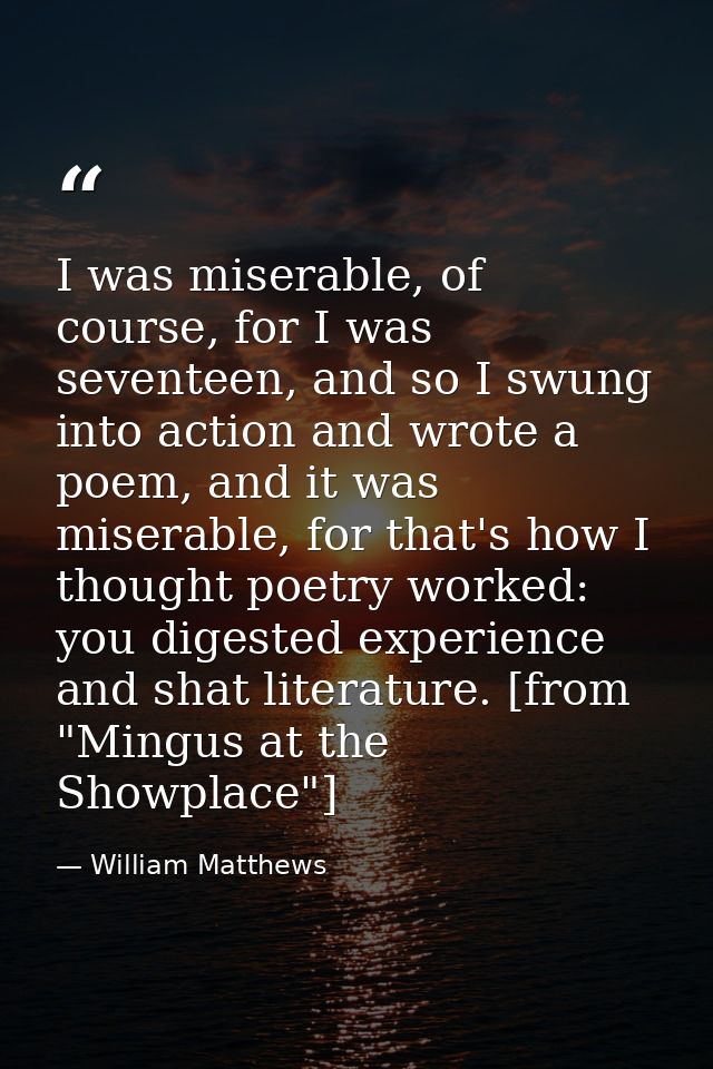 I was miserable, of course, for I was seventeen, and so I swung into action and wrote a poem, and it was miserable, for  — William Matthews