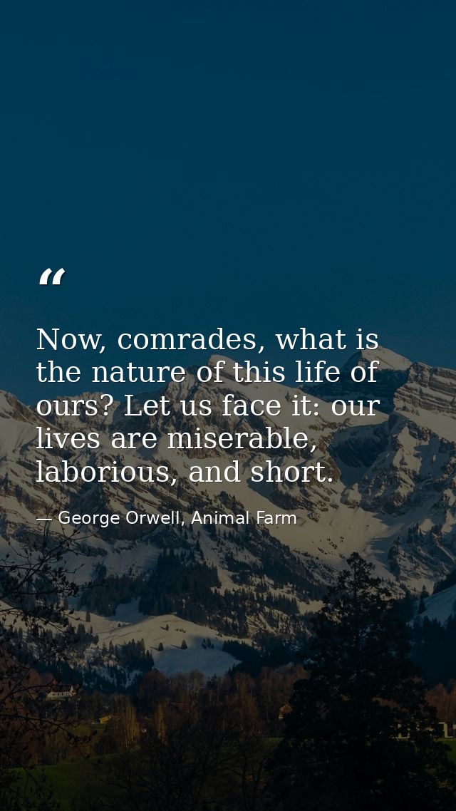 Now, comrades, what is the nature of this life of ours? Let us face it: our lives are miserable, laborious, and short. — George Orwell, Animal Farm