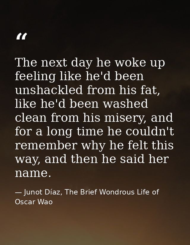 The next day he woke up feeling like he'd been unshackled from his fat, like he'd been washed clean from his misery, and — Junot Díaz, The Brief Wondrous Life of Oscar Wao