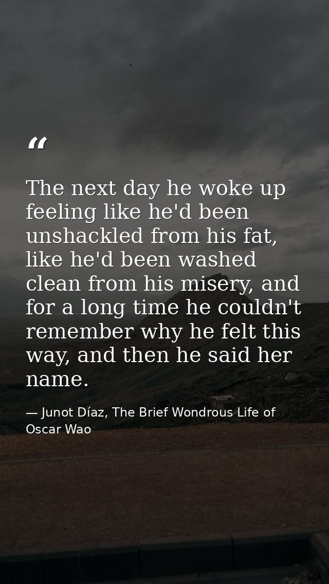 The next day he woke up feeling like he'd been unshackled from his fat, like he'd been washed clean from his misery, and — Junot Díaz, The Brief Wondrous Life of Oscar Wao