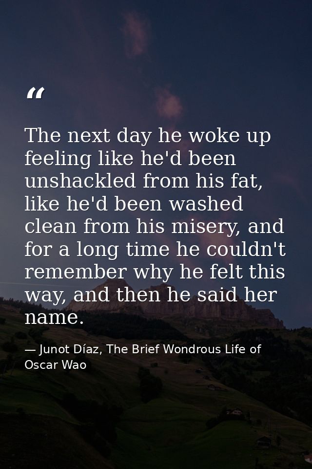 The next day he woke up feeling like he'd been unshackled from his fat, like he'd been washed clean from his misery, and — Junot Díaz, The Brief Wondrous Life of Oscar Wao