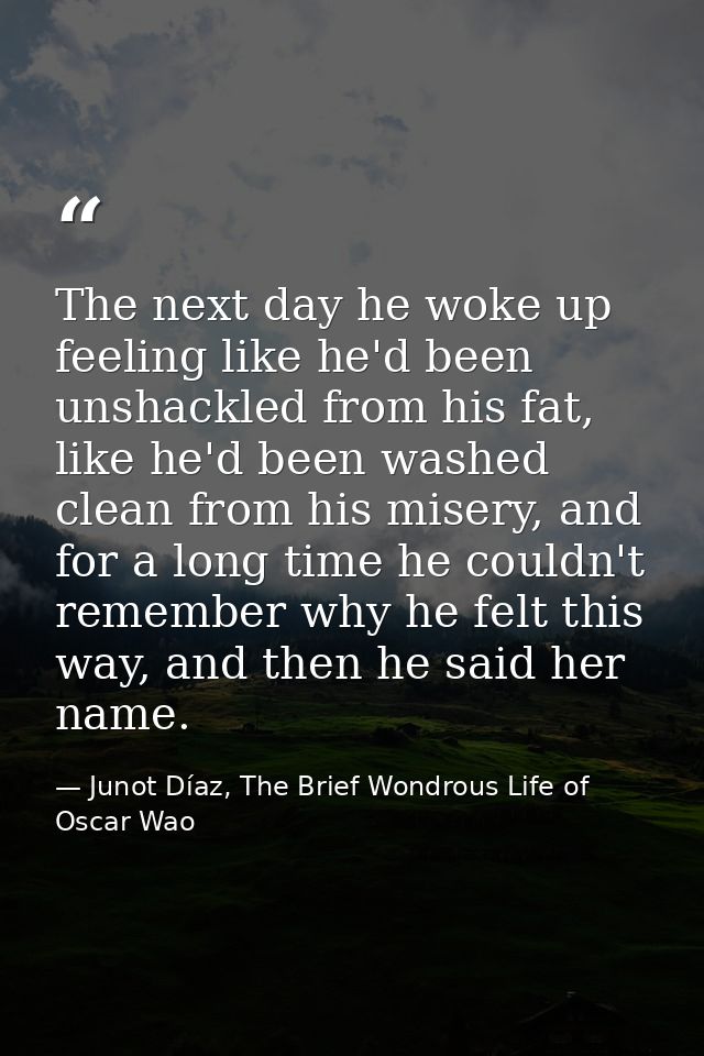 The next day he woke up feeling like he'd been unshackled from his fat, like he'd been washed clean from his misery, and — Junot Díaz, The Brief Wondrous Life of Oscar Wao