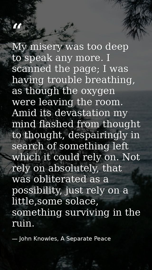 My misery was too deep to speak any more. I scanned the page; I was having trouble breathing, as though the oxygen were  — John Knowles, A Separate Peace