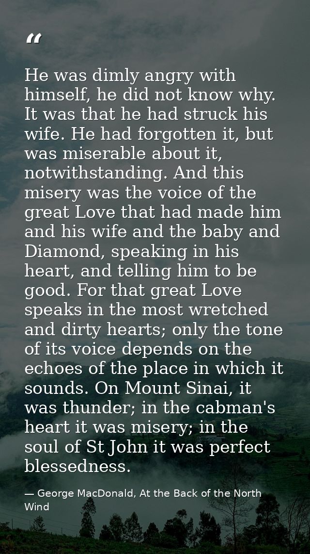He was dimly angry with himself, he did not know why. It was that he had struck his wife. He had forgotten it, but was m — George MacDonald, At the Back of the North Wind