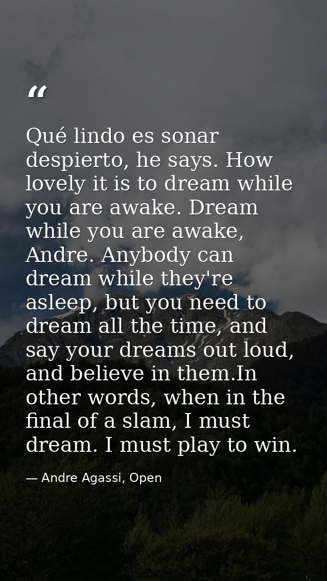 Qué lindo es sonar despierto, he says. How lovely it is to dream while you are awake. Dream while you are awake, Andre.  — Andre Agassi, Open