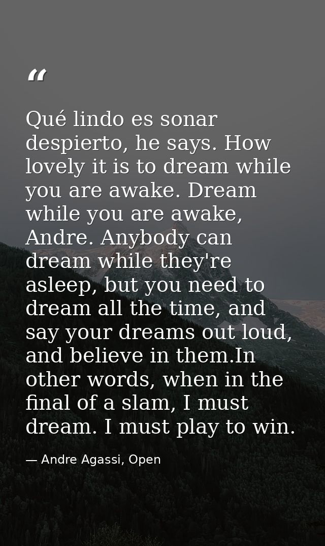 Qué lindo es sonar despierto, he says. How lovely it is to dream while you are awake. Dream while you are awake, Andre.  — Andre Agassi, Open
