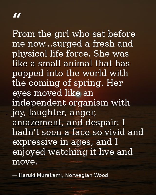 From the girl who sat before me now...surged a fresh and physical life force. She was like a small animal that has poppe — Haruki Murakami, Norwegian Wood