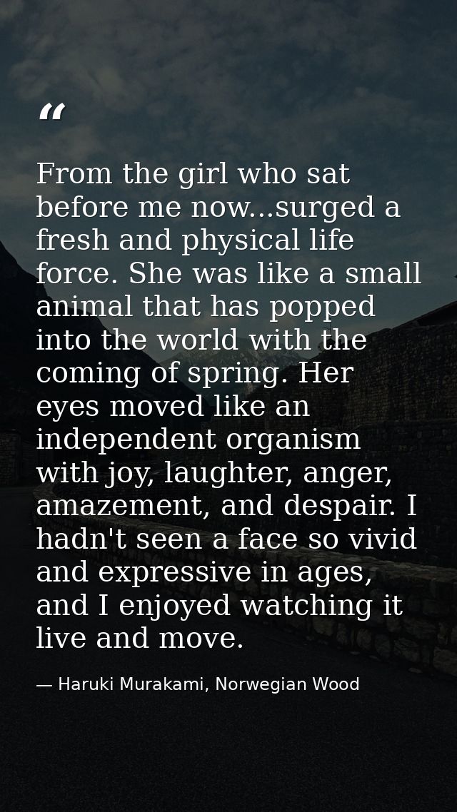 From the girl who sat before me now...surged a fresh and physical life force. She was like a small animal that has poppe — Haruki Murakami, Norwegian Wood