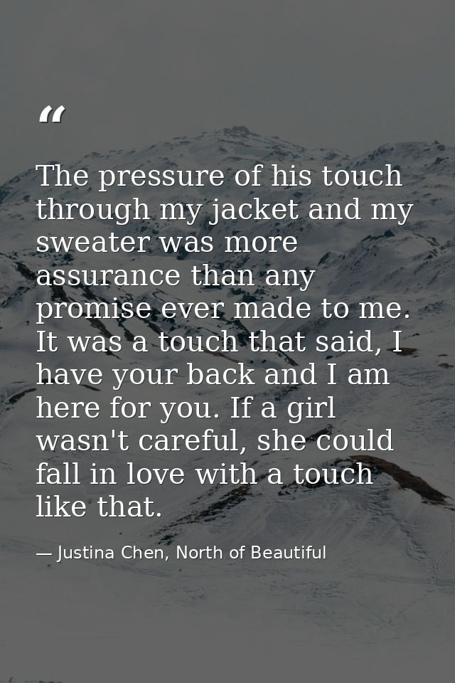 The pressure of his touch through my jacket and my sweater was more assurance than any promise ever made to me. It was a — Justina Chen, North of Beautiful