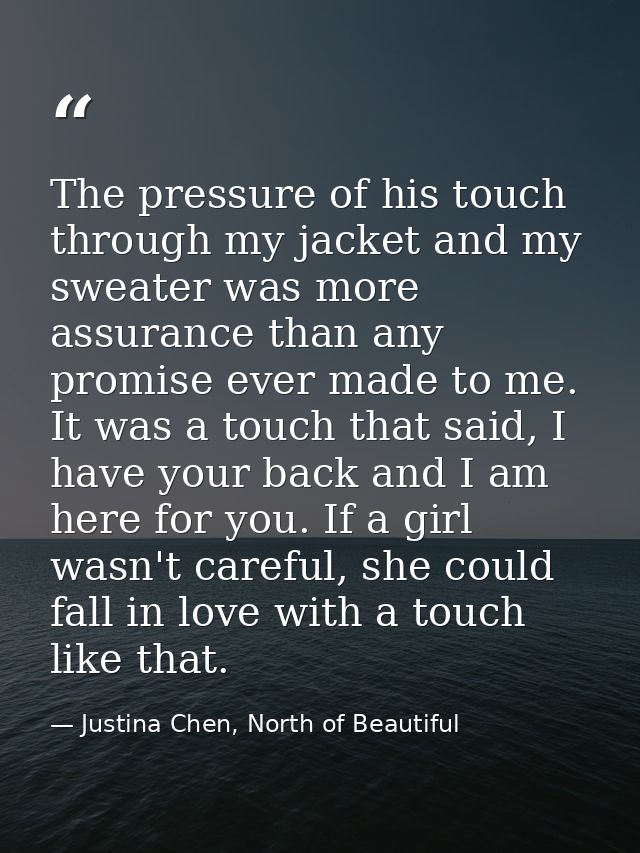 The pressure of his touch through my jacket and my sweater was more assurance than any promise ever made to me. It was a — Justina Chen, North of Beautiful