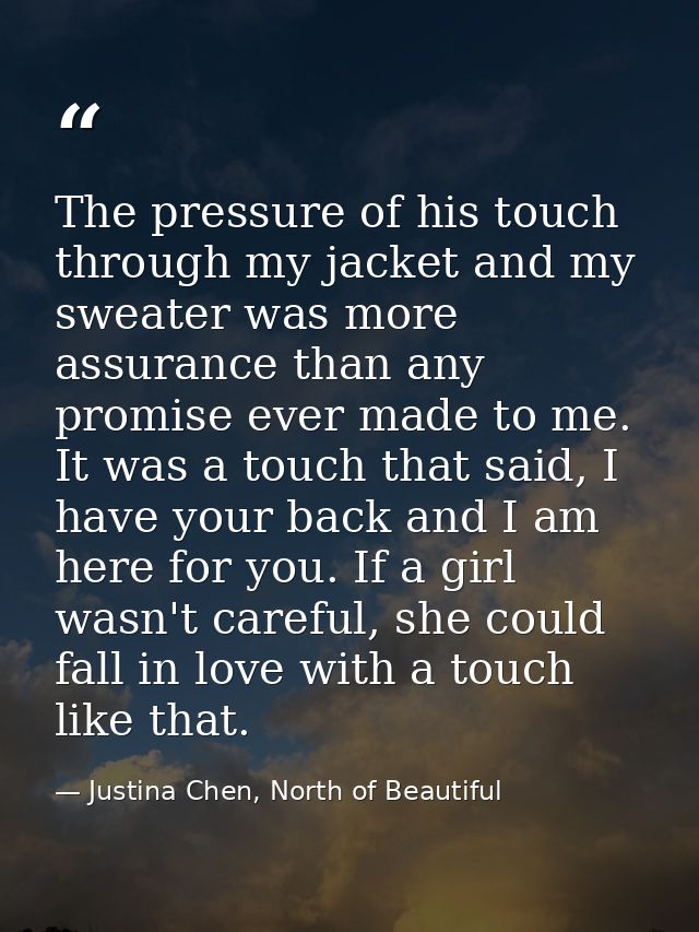 The pressure of his touch through my jacket and my sweater was more assurance than any promise ever made to me. It was a — Justina Chen, North of Beautiful
