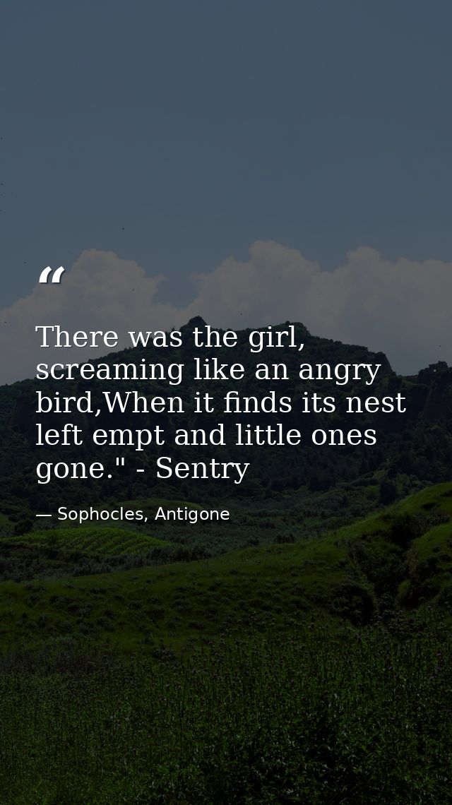 There was the girl, screaming like an angry bird,When it finds its nest left empt and little ones gone." - Sentry — Sophocles, Antigone
