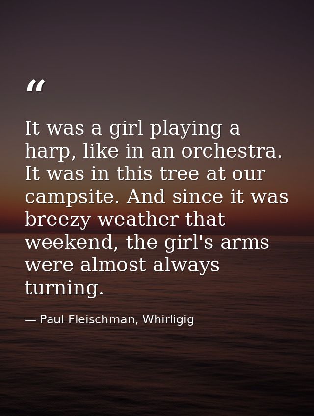 It was a girl playing a harp, like in an orchestra. It was in this tree at our campsite. And since it was breezy weather — Paul Fleischman, Whirligig