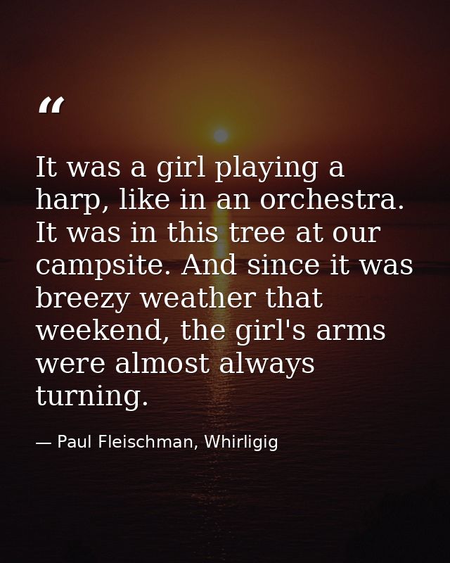 It was a girl playing a harp, like in an orchestra. It was in this tree at our campsite. And since it was breezy weather — Paul Fleischman, Whirligig