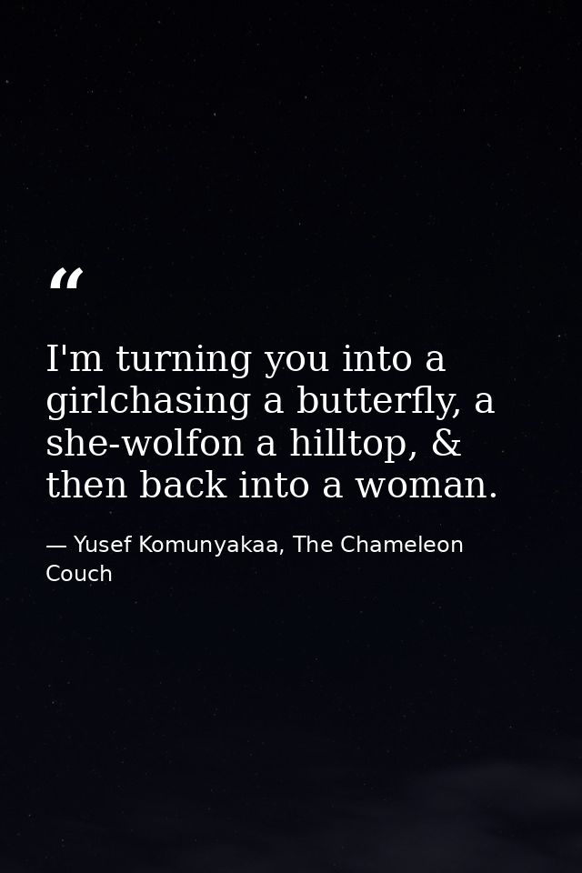 I'm turning you into a girlchasing a butterfly, a she-wolfon a hilltop, & then back into a woman. — Yusef Komunyakaa, The Chameleon Couch