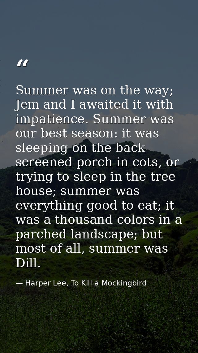 Summer was on the way; Jem and I awaited it with impatience. Summer was our best season: it was sleeping on the back scr — Harper Lee, To Kill a Mockingbird