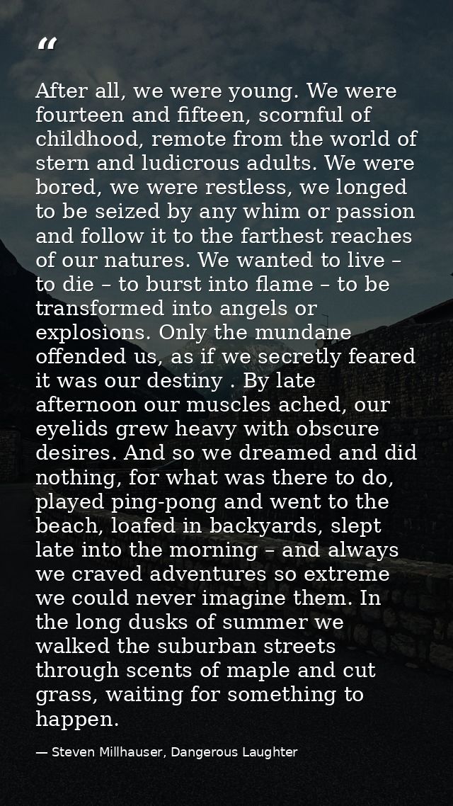 After all, we were young. We were fourteen and fifteen, scornful of childhood, remote from the world of stern and ludicr — Steven Millhauser, Dangerous Laughter