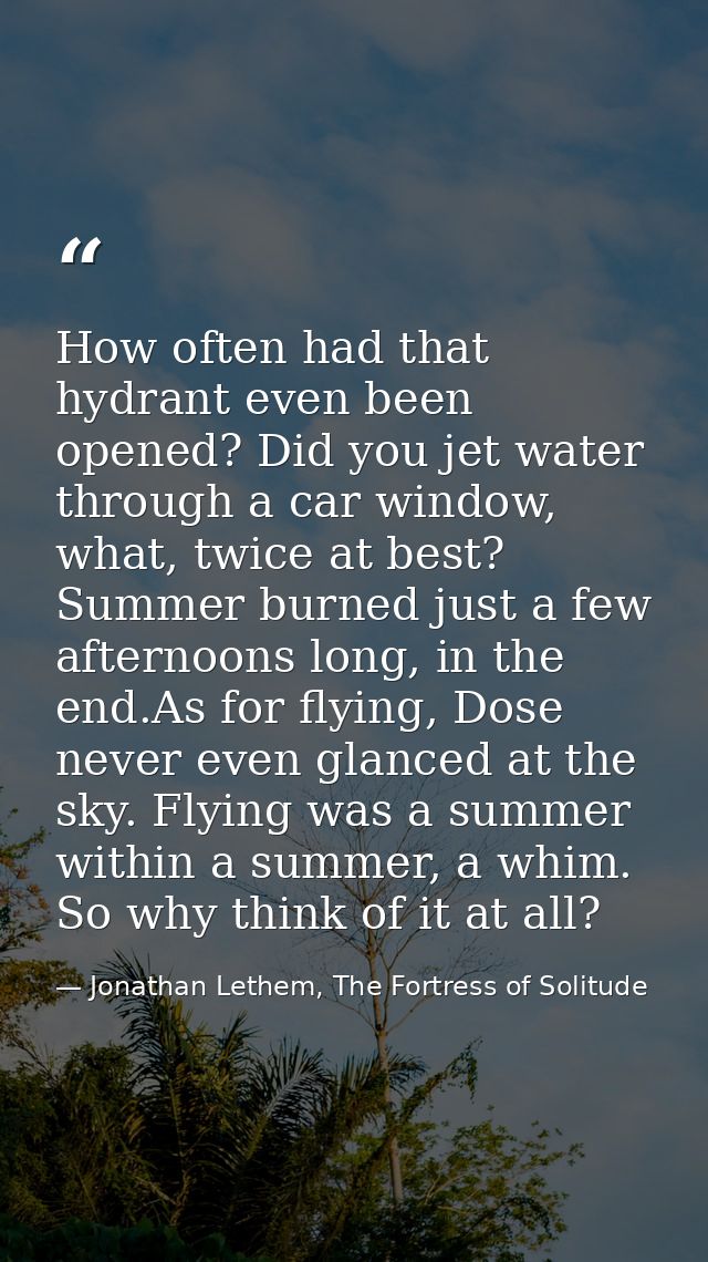 How often had that hydrant even been opened? Did you jet water through a car window, what, twice at best? Summer burned  — Jonathan Lethem, The Fortress of Solitude