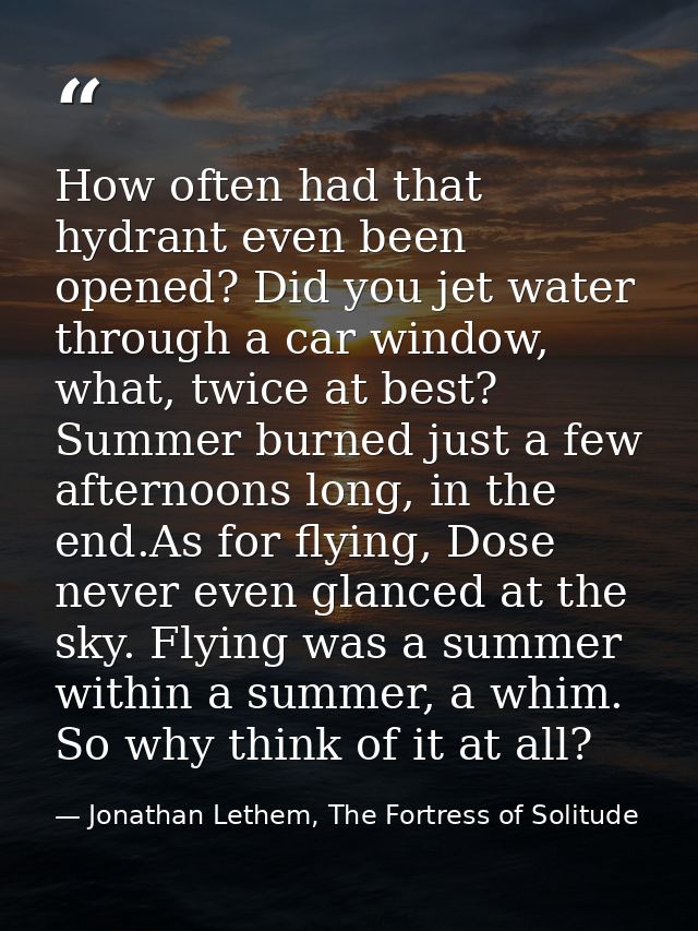 How often had that hydrant even been opened? Did you jet water through a car window, what, twice at best? Summer burned  — Jonathan Lethem, The Fortress of Solitude