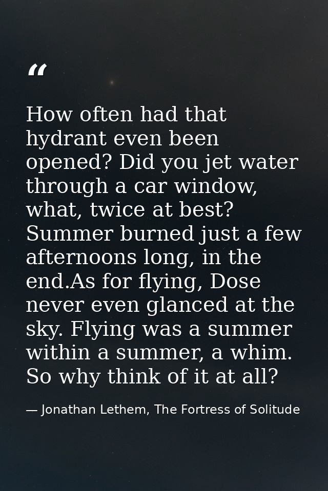 How often had that hydrant even been opened? Did you jet water through a car window, what, twice at best? Summer burned  — Jonathan Lethem, The Fortress of Solitude