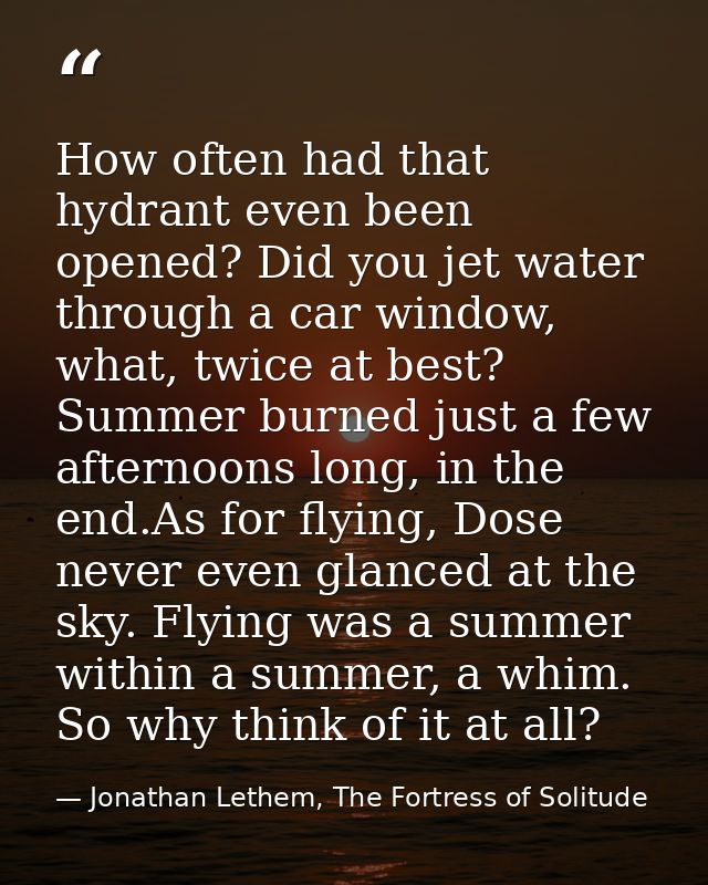 How often had that hydrant even been opened? Did you jet water through a car window, what, twice at best? Summer burned  — Jonathan Lethem, The Fortress of Solitude