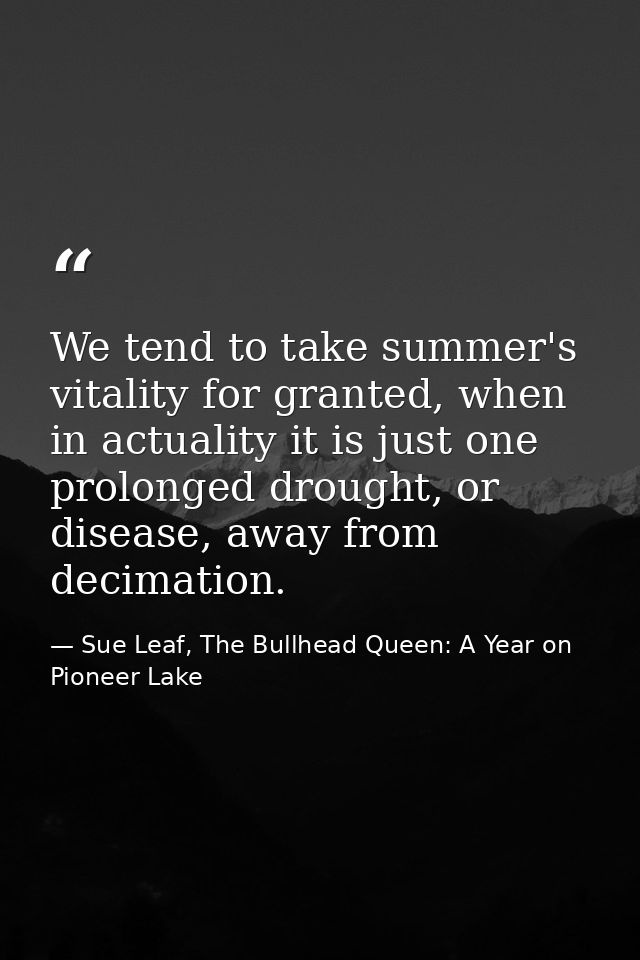 We tend to take summer's vitality for granted, when in actuality it is just one prolonged drought, or disease, away from — Sue Leaf, The Bullhead Queen: A Year on Pioneer Lake
