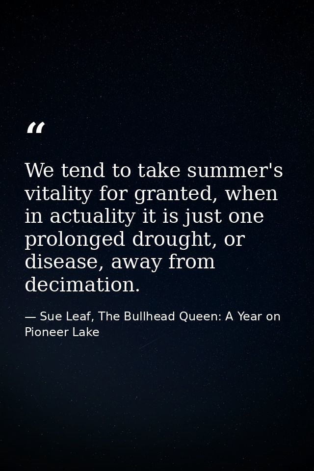 We tend to take summer's vitality for granted, when in actuality it is just one prolonged drought, or disease, away from — Sue Leaf, The Bullhead Queen: A Year on Pioneer Lake