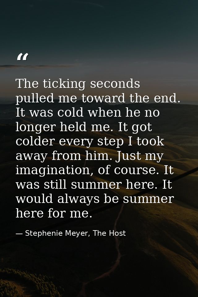 The ticking seconds pulled me toward the end. It was cold when he no longer held me. It got colder every step I took awa — Stephenie Meyer, The Host
