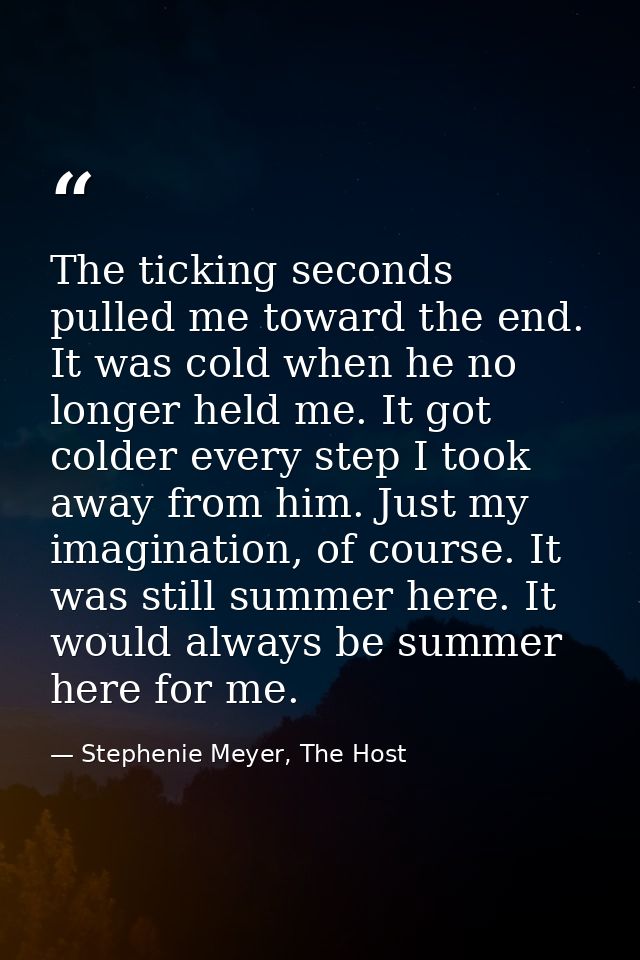 The ticking seconds pulled me toward the end. It was cold when he no longer held me. It got colder every step I took awa — Stephenie Meyer, The Host