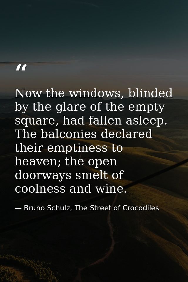 Now the windows, blinded by the glare of the empty square, had fallen asleep. The balconies declared their emptiness to  — Bruno Schulz, The Street of Crocodiles