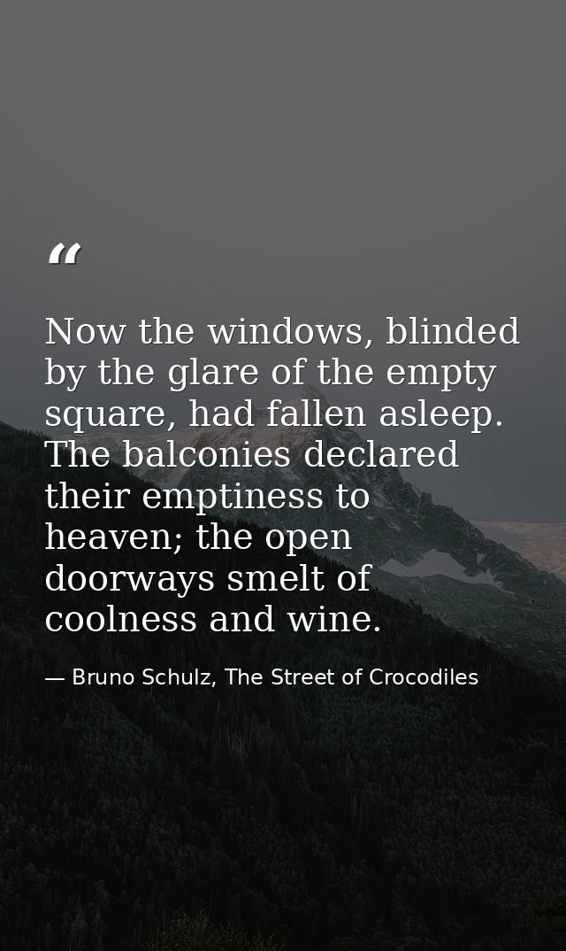 Now the windows, blinded by the glare of the empty square, had fallen asleep. The balconies declared their emptiness to  — Bruno Schulz, The Street of Crocodiles