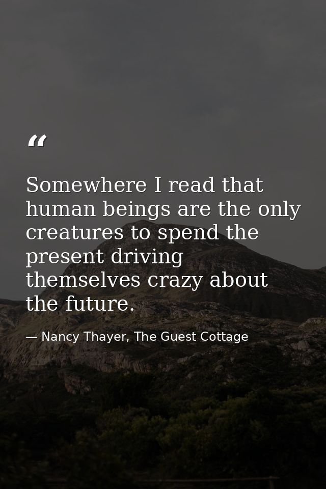Somewhere I read that human beings are the only creatures to spend the present driving themselves crazy about the future — Nancy Thayer, The Guest Cottage