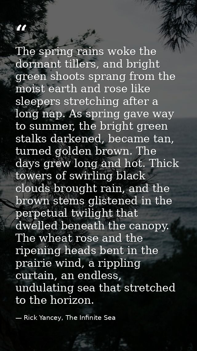 The spring rains woke the dormant tillers, and bright green shoots sprang from the moist earth and rose like sleepers st — Rick Yancey, The Infinite Sea