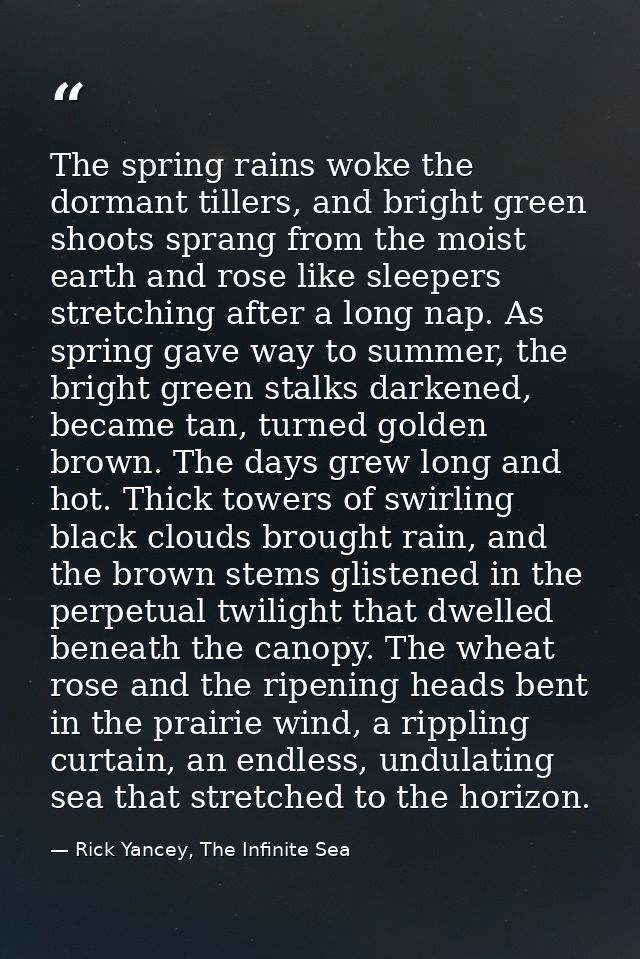 The spring rains woke the dormant tillers, and bright green shoots sprang from the moist earth and rose like sleepers st — Rick Yancey, The Infinite Sea