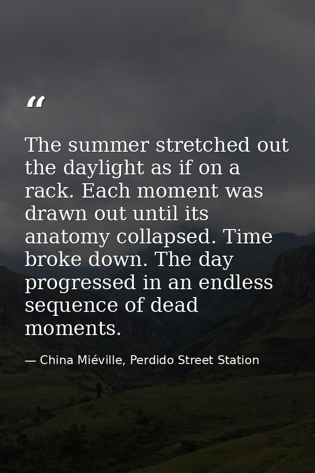 The summer stretched out the daylight as if on a rack. Each moment was drawn out until its anatomy collapsed. Time broke — China Miéville, Perdido Street Station