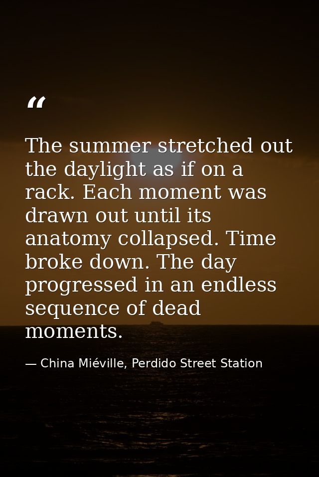 The summer stretched out the daylight as if on a rack. Each moment was drawn out until its anatomy collapsed. Time broke — China Miéville, Perdido Street Station