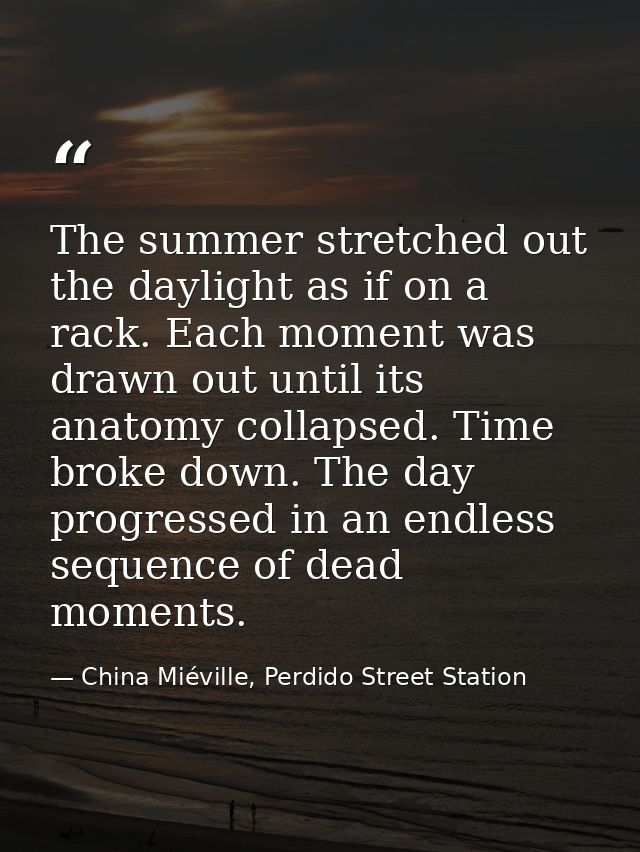 The summer stretched out the daylight as if on a rack. Each moment was drawn out until its anatomy collapsed. Time broke — China Miéville, Perdido Street Station